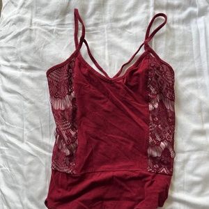 Charlotte Russe, Maroon Spaghetti Strap bodysuit with lace detail, size M